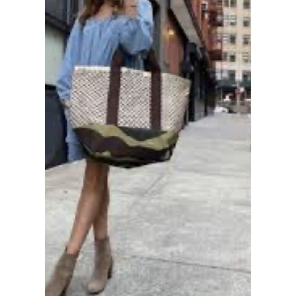 Anthropologie Latico Greta Leather Canvas Tote Bag Purse Beach Camo Gold Brown
